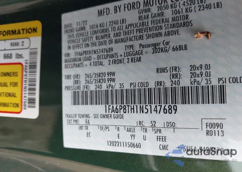 2022 Ford Mustang из США, поврежденный, VIN 1FA6P8TH1N5147689